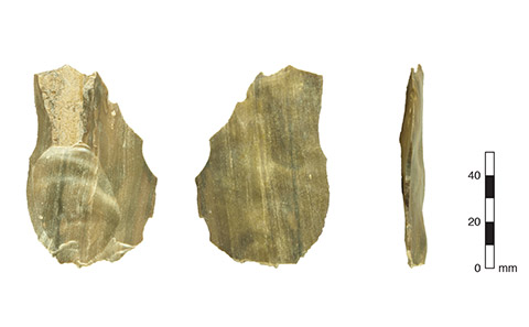 One of two flakes_or hand tools_ seen from three different angles_discovered in the Jordan Rift Valley