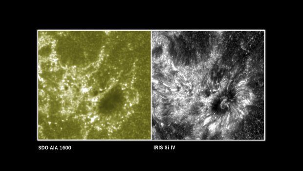 A section of the Sun's atmosphere as seen by the SDO space probe on the left and by the IRIS space probe on the right (Image NASA/SDO/IRIS)